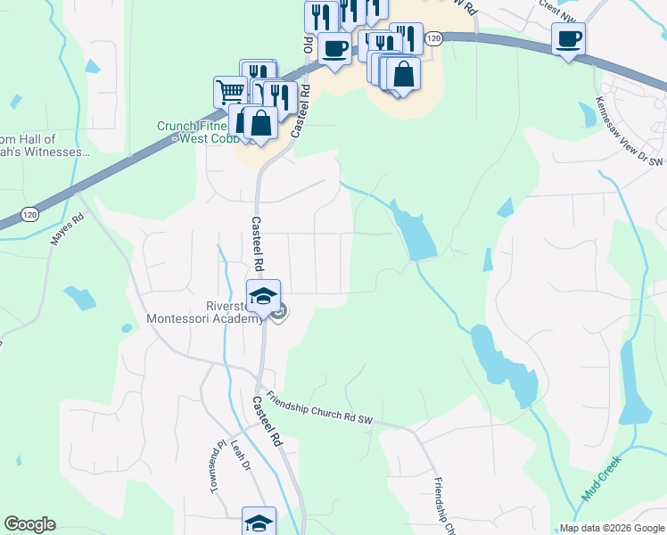 map of restaurants, bars, coffee shops, grocery stores, and more near 359 Stafford Street Southwest in Marietta