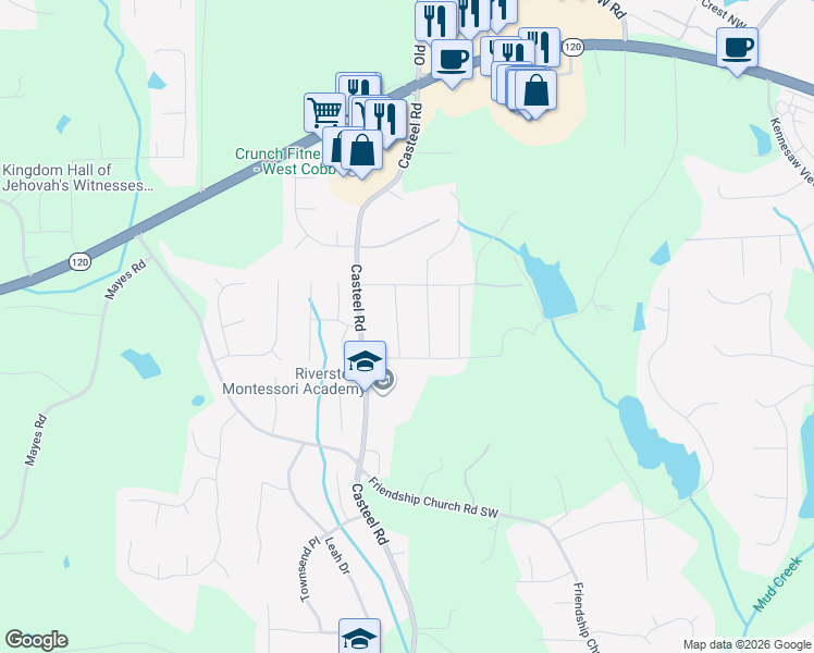 map of restaurants, bars, coffee shops, grocery stores, and more near 356 Bedford Street Southwest in Marietta