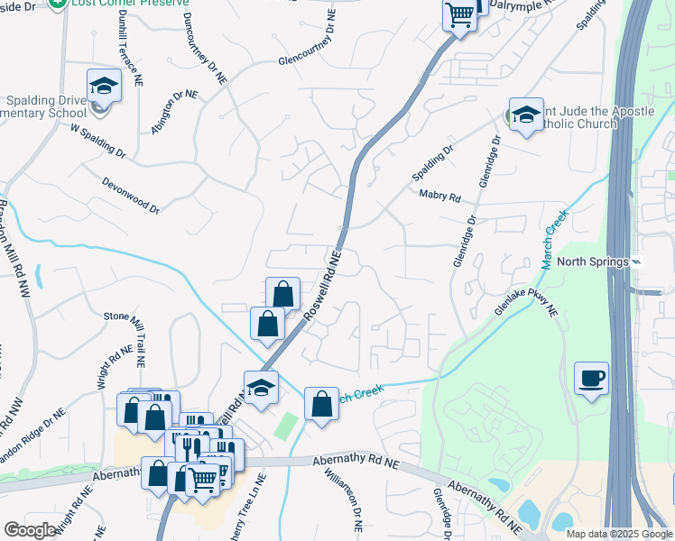 map of restaurants, bars, coffee shops, grocery stores, and more near 6980 Roswell Road in Sandy Springs