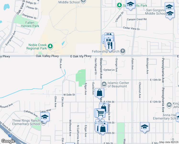 map of restaurants, bars, coffee shops, grocery stores, and more near 1344 Avalon Avenue in Beaumont