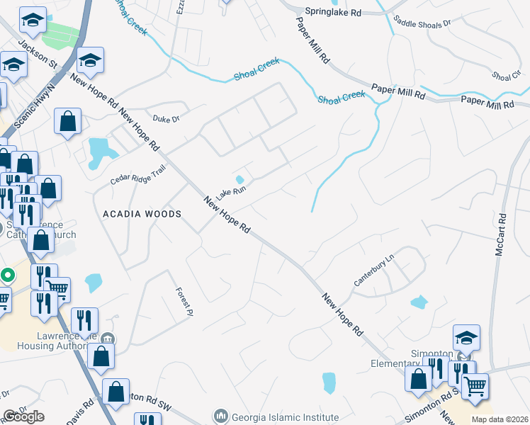 map of restaurants, bars, coffee shops, grocery stores, and more near 199 Serenity Point in Lawrenceville