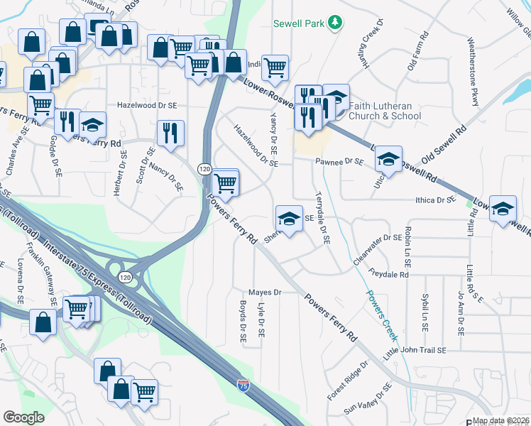 map of restaurants, bars, coffee shops, grocery stores, and more near 1976 Clearwater Drive Southeast in Marietta