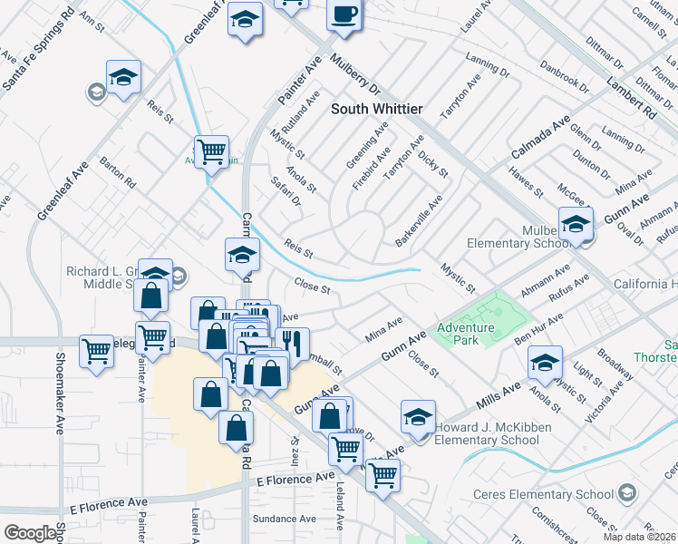 map of restaurants, bars, coffee shops, grocery stores, and more near 13522 Reis Street in Whittier
