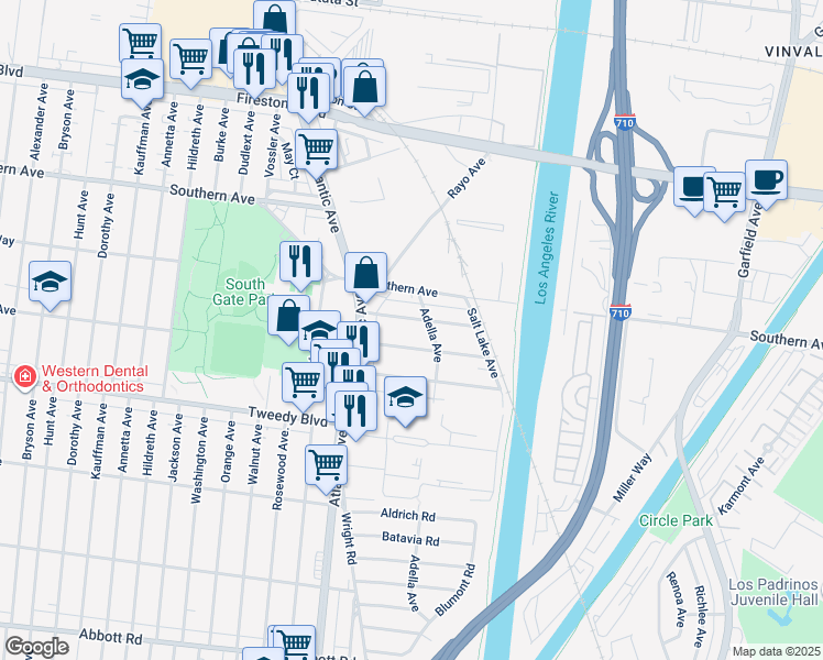 map of restaurants, bars, coffee shops, grocery stores, and more near 5155 Mccallum Avenue in South Gate
