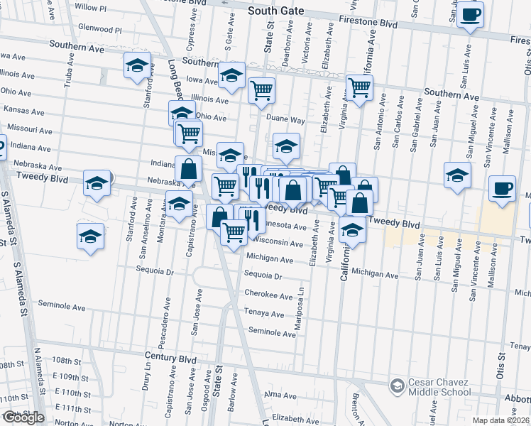 map of restaurants, bars, coffee shops, grocery stores, and more near 3297 Tweedy Boulevard in South Gate