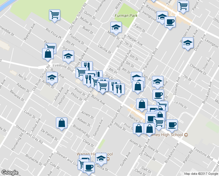 map of restaurants, bars, coffee shops, grocery stores, and more near 7908 2nd Street in Downey