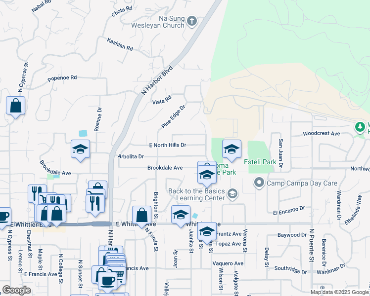 map of restaurants, bars, coffee shops, grocery stores, and more near 1800 East North Hills Drive in La Habra