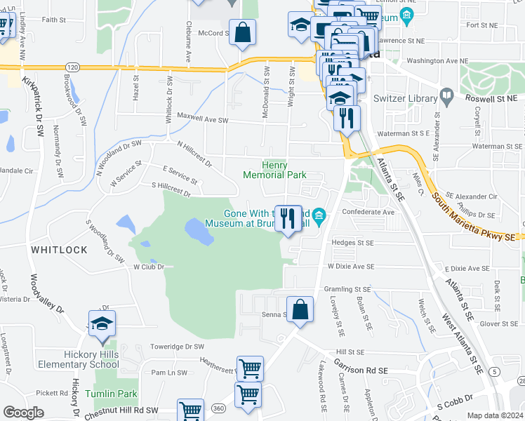map of restaurants, bars, coffee shops, grocery stores, and more near 98 Griggs Street Southwest in Marietta