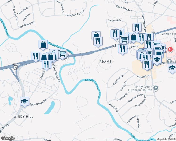 map of restaurants, bars, coffee shops, grocery stores, and more near 195 Sycamore Drive in Athens
