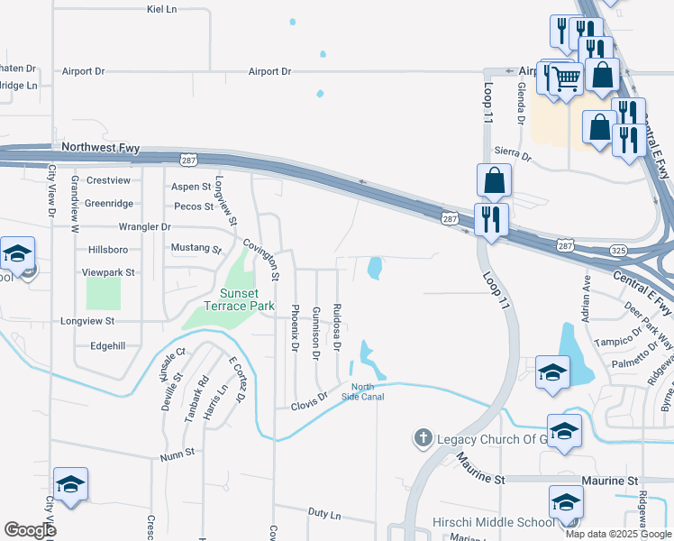 map of restaurants, bars, coffee shops, grocery stores, and more near 2000 Ruidosa Drive in Wichita Falls