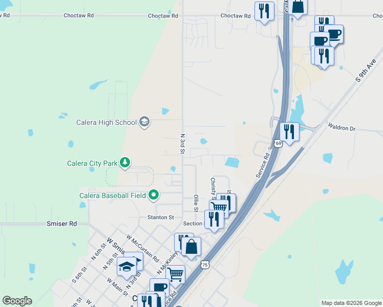 map of restaurants, bars, coffee shops, grocery stores, and more near 201 Cottonwood Street in Calera