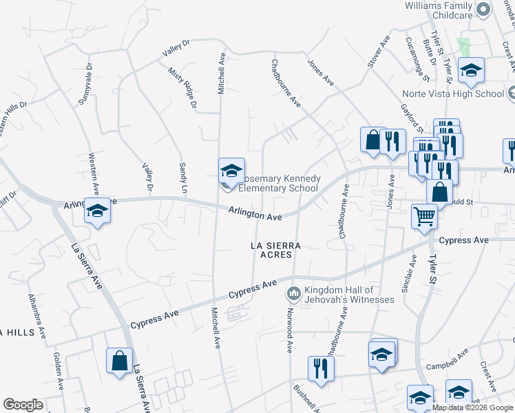 map of restaurants, bars, coffee shops, grocery stores, and more near 6420 Stover Avenue in Riverside