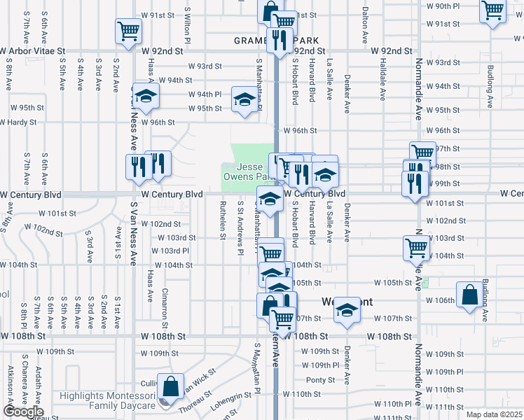 map of restaurants, bars, coffee shops, grocery stores, and more near 10022 South Manhattan Place in Los Angeles