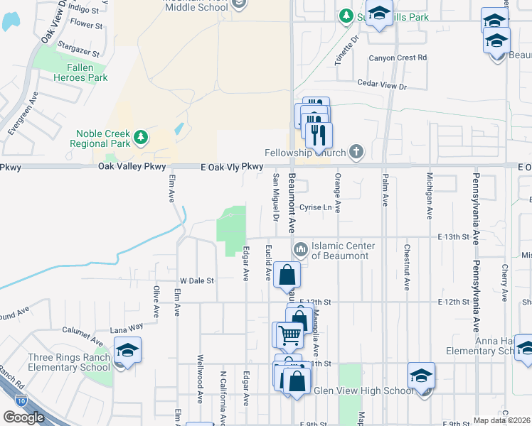 map of restaurants, bars, coffee shops, grocery stores, and more near 1334 Avalon Avenue in Beaumont