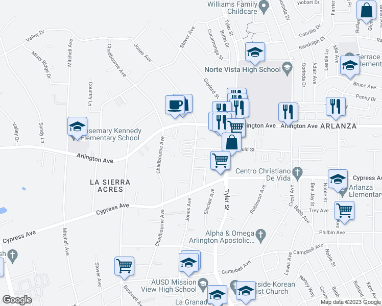 map of restaurants, bars, coffee shops, grocery stores, and more near 6240 Jones Avenue in Riverside