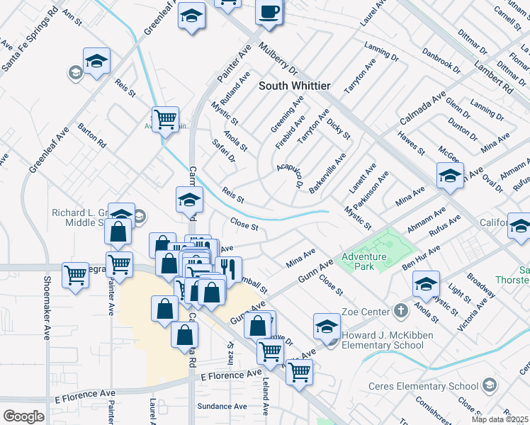 map of restaurants, bars, coffee shops, grocery stores, and more near 13522 Reis Street in Whittier