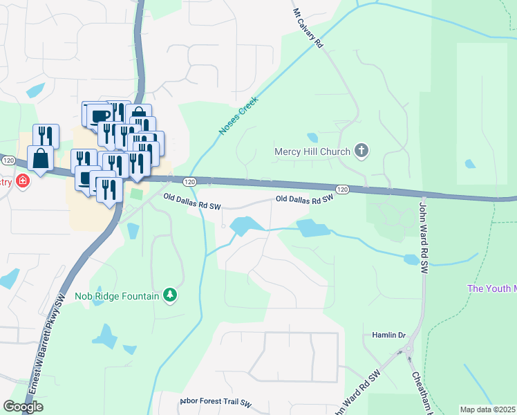 map of restaurants, bars, coffee shops, grocery stores, and more near 2155 Old Dallas Road Southwest in Marietta