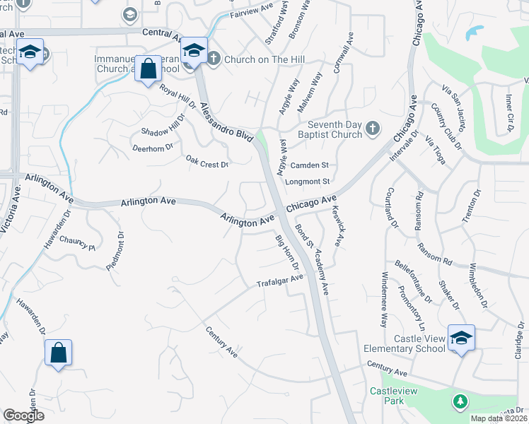map of restaurants, bars, coffee shops, grocery stores, and more near 2154 Glenview Terrace in Riverside
