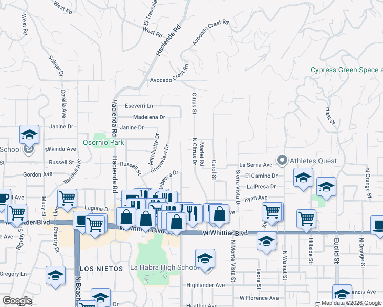 map of restaurants, bars, coffee shops, grocery stores, and more near 1091 North Citrus Drive in La Habra