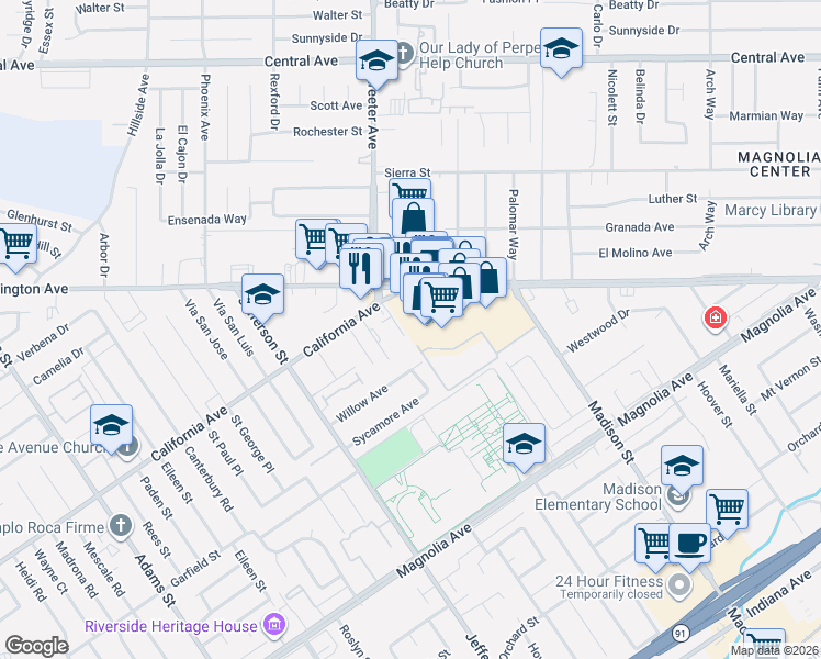 map of restaurants, bars, coffee shops, grocery stores, and more near 5236 Arlington Avenue in Riverside