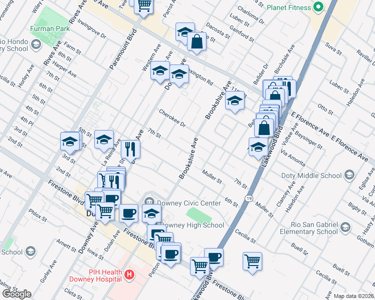 map of restaurants, bars, coffee shops, grocery stores, and more near 8501 Quinn Street in Downey