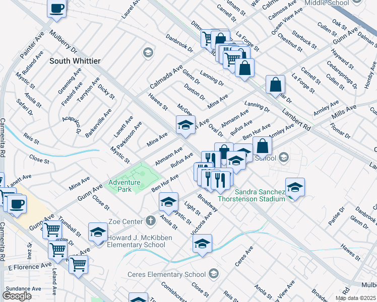 map of restaurants, bars, coffee shops, grocery stores, and more near 14038 Mulberry Drive in Whittier