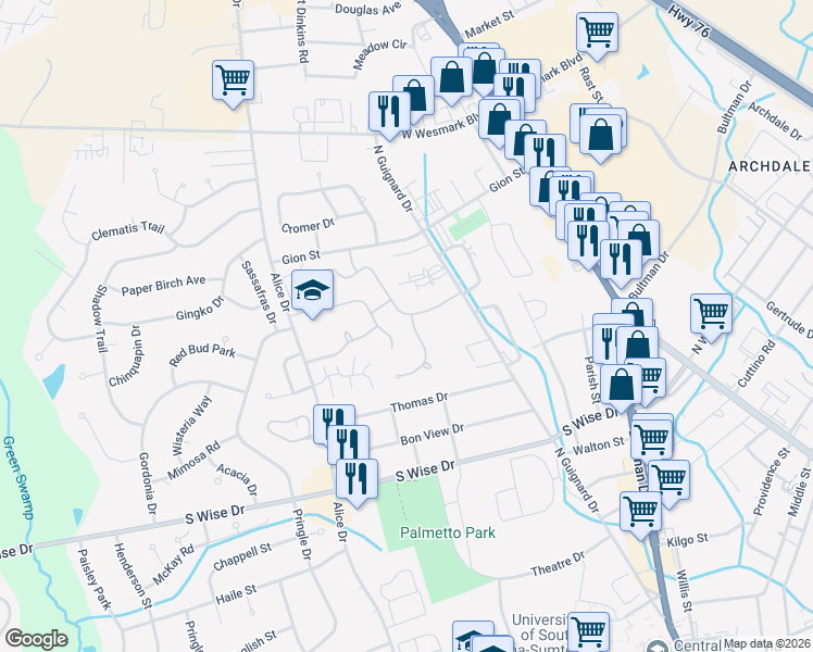 map of restaurants, bars, coffee shops, grocery stores, and more near 940 Grimble Court in Sumter