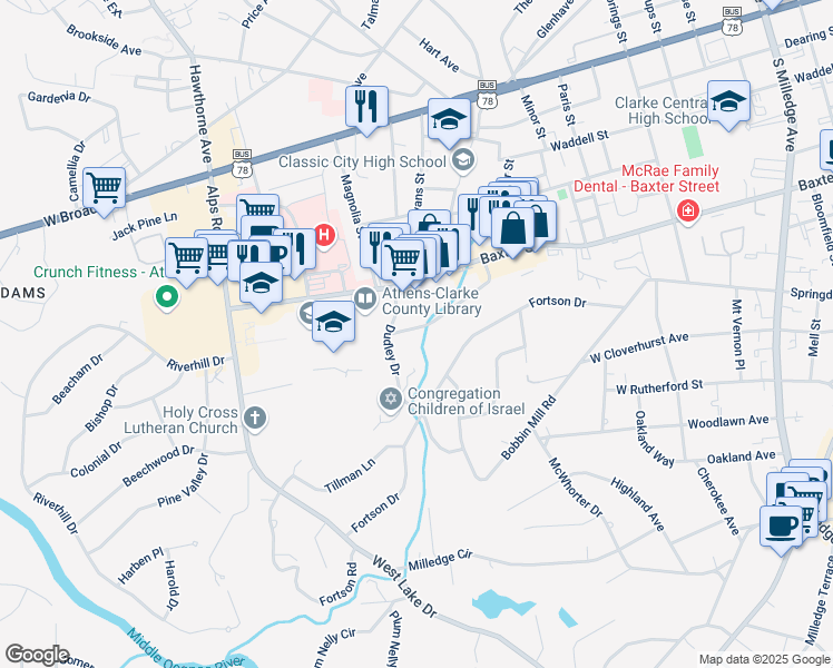 map of restaurants, bars, coffee shops, grocery stores, and more near 189 Baxter Drive in Athens