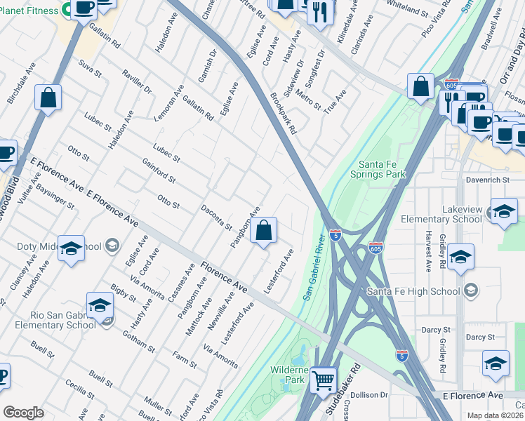 map of restaurants, bars, coffee shops, grocery stores, and more near 9844 Pangborn Avenue in Downey