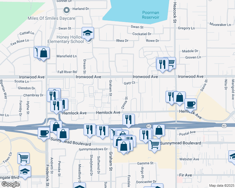 map of restaurants, bars, coffee shops, grocery stores, and more near 23555 Judge Ward Court in Moreno Valley