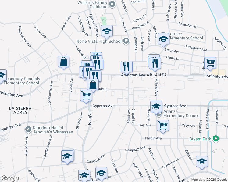 map of restaurants, bars, coffee shops, grocery stores, and more near 10115 Onyx Way in Riverside