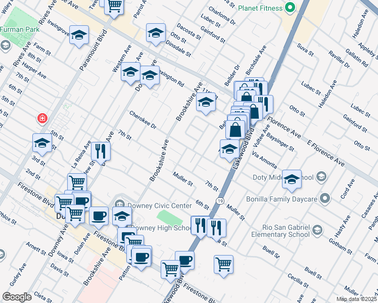 map of restaurants, bars, coffee shops, grocery stores, and more near 8560 Cherokee Drive in Downey