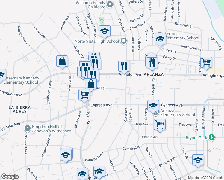 map of restaurants, bars, coffee shops, grocery stores, and more near 10115 Onyx Way in Riverside