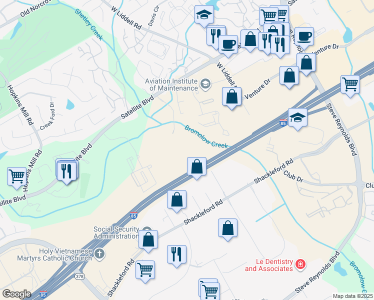 map of restaurants, bars, coffee shops, grocery stores, and more near 1522 Preston Park Drive Northwest in Duluth