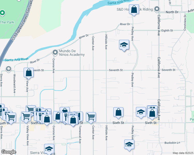 map of restaurants, bars, coffee shops, grocery stores, and more near 4361 Center Avenue in Norco