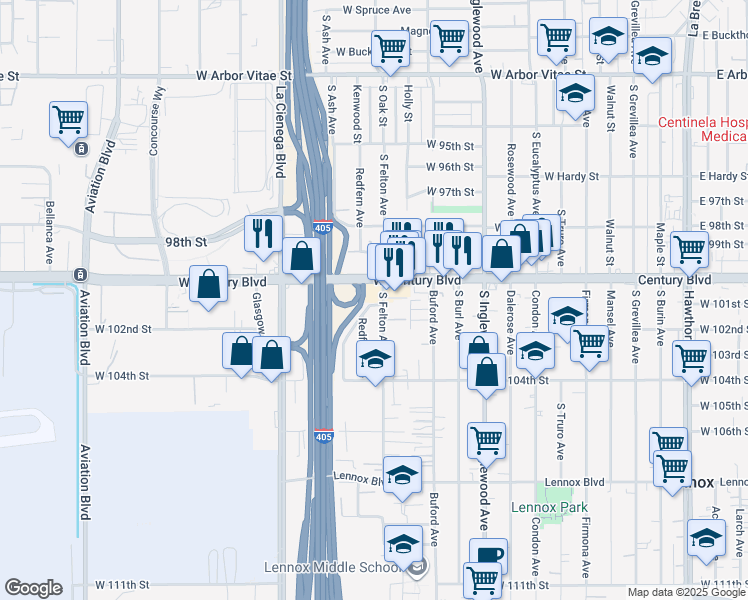 map of restaurants, bars, coffee shops, grocery stores, and more near 5014 West Century Boulevard in Inglewood