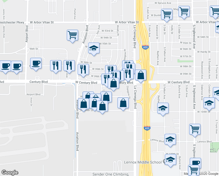 map of restaurants, bars, coffee shops, grocery stores, and more near 5400 West Century Boulevard in Los Angeles