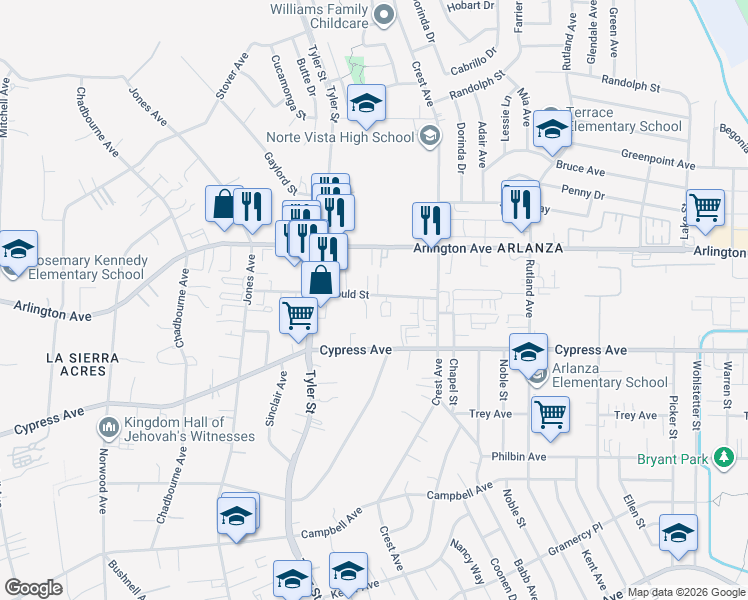 map of restaurants, bars, coffee shops, grocery stores, and more near 10157 Gould Street in Riverside
