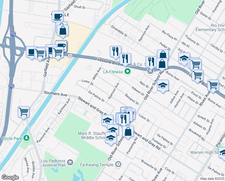 map of restaurants, bars, coffee shops, grocery stores, and more near 11715 Ryerson Avenue in Downey