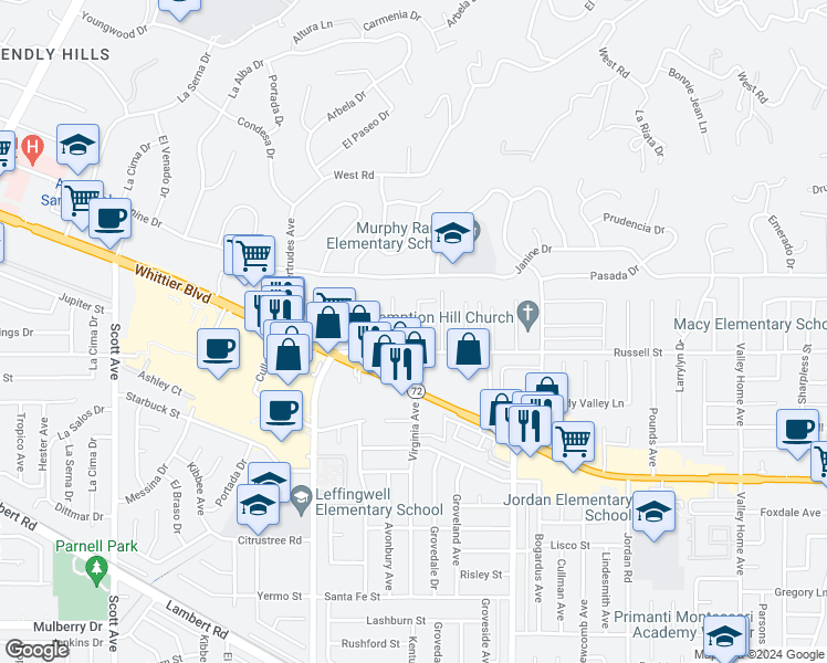map of restaurants, bars, coffee shops, grocery stores, and more near 10135 Kentucky Avenue in Whittier