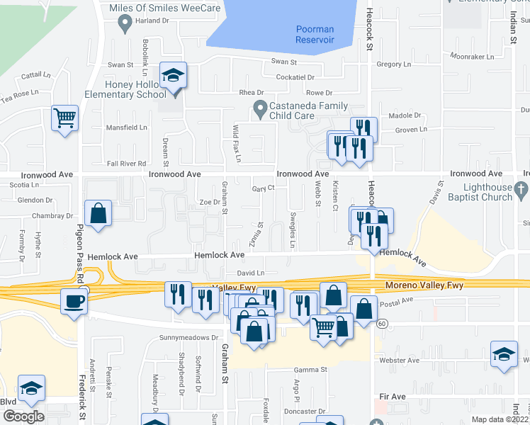 map of restaurants, bars, coffee shops, grocery stores, and more near 12124 Zinnia Street in Moreno Valley