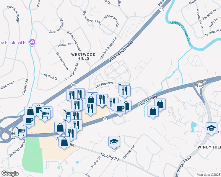 map of restaurants, bars, coffee shops, grocery stores, and more near 150 The Preserve Drive in Athens