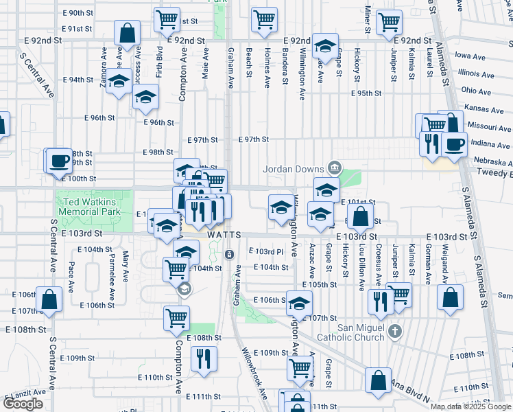 map of restaurants, bars, coffee shops, grocery stores, and more near 10120 1/2 Beach Street in Los Angeles
