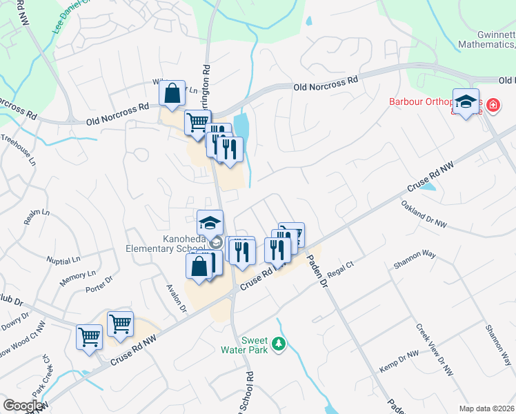 map of restaurants, bars, coffee shops, grocery stores, and more near 2840 Binghampton Lane in Lawrenceville
