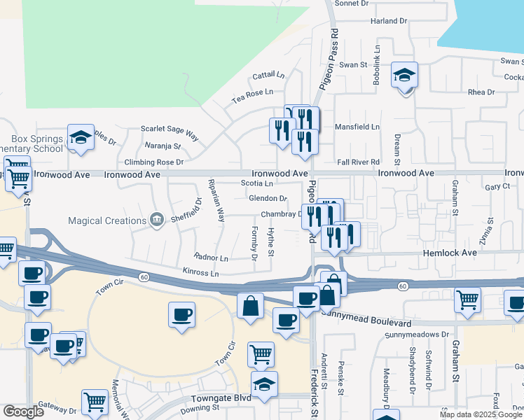 map of restaurants, bars, coffee shops, grocery stores, and more near 22857 Glendon Drive in Moreno Valley