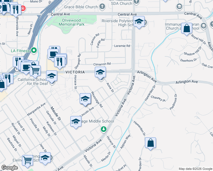 map of restaurants, bars, coffee shops, grocery stores, and more near 2994 Anna Street in Riverside