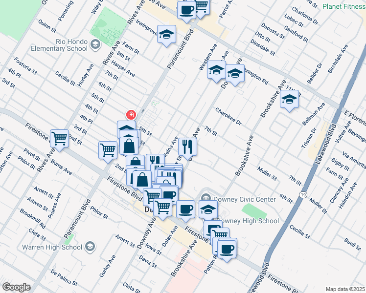 map of restaurants, bars, coffee shops, grocery stores, and more near 10715 New Street in Downey