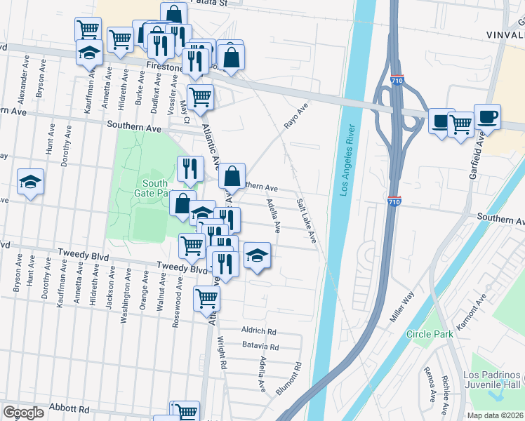 map of restaurants, bars, coffee shops, grocery stores, and more near 5155 Mccallum Avenue in South Gate