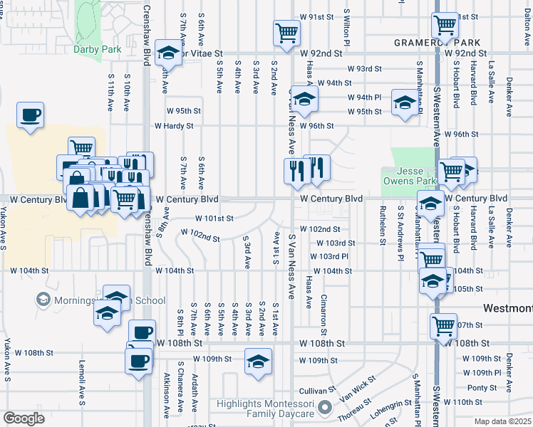 map of restaurants, bars, coffee shops, grocery stores, and more near 2405 West 101st Street in Inglewood
