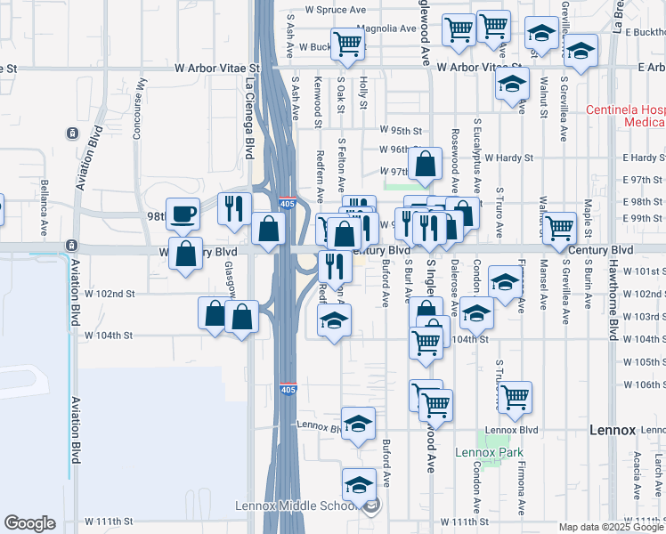 map of restaurants, bars, coffee shops, grocery stores, and more near 5014 West Century Boulevard in Inglewood